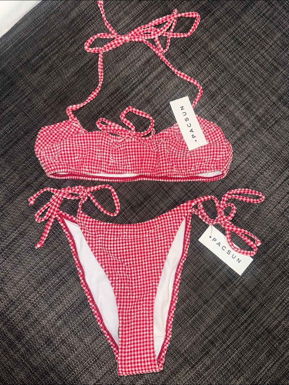 Pacsun Red Gingham Halter Top and Tie Side Bikini Bottom